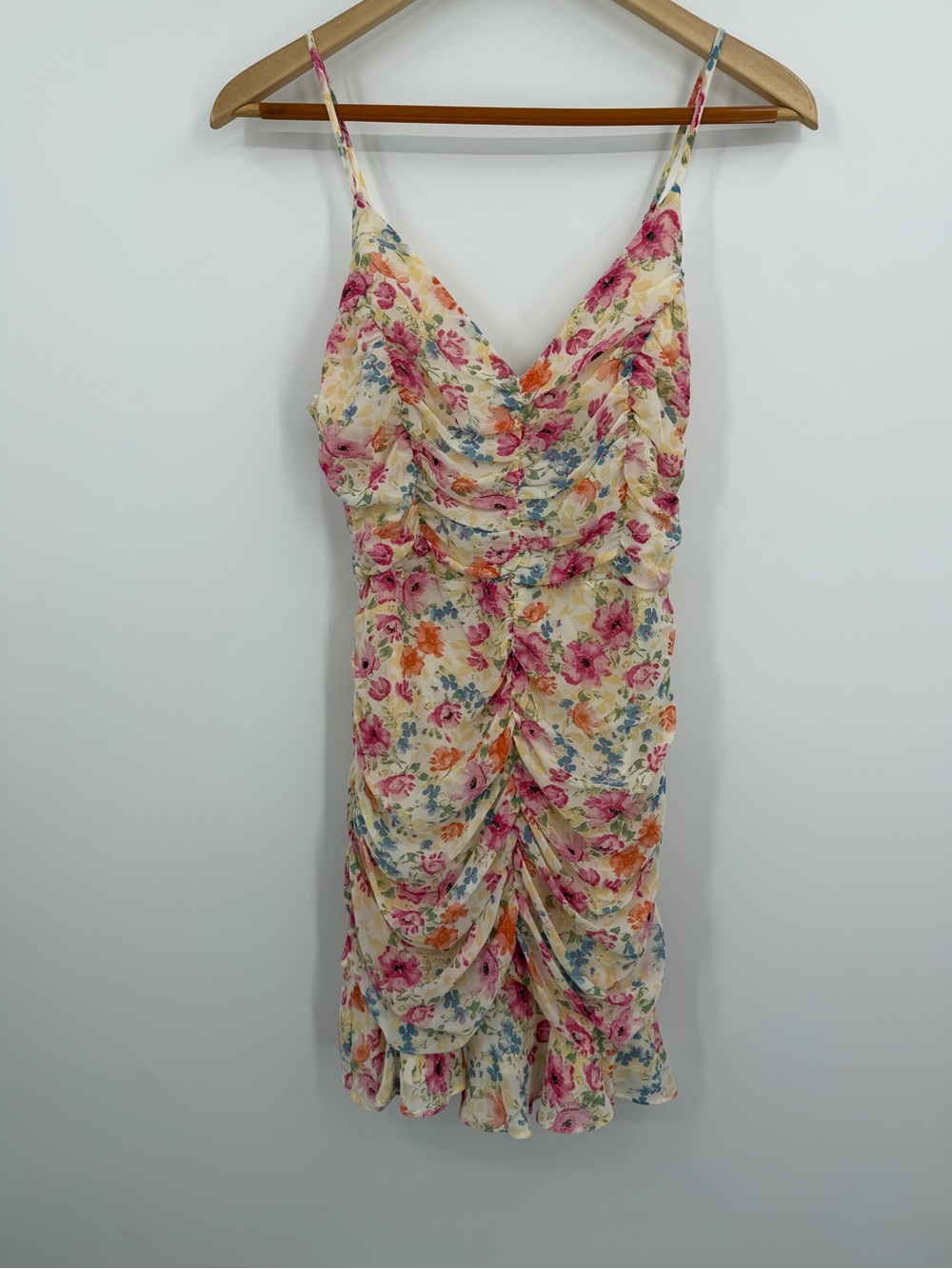 Astr Floral Ruched Slip Dress in Cream, Pink, Orange, Blue